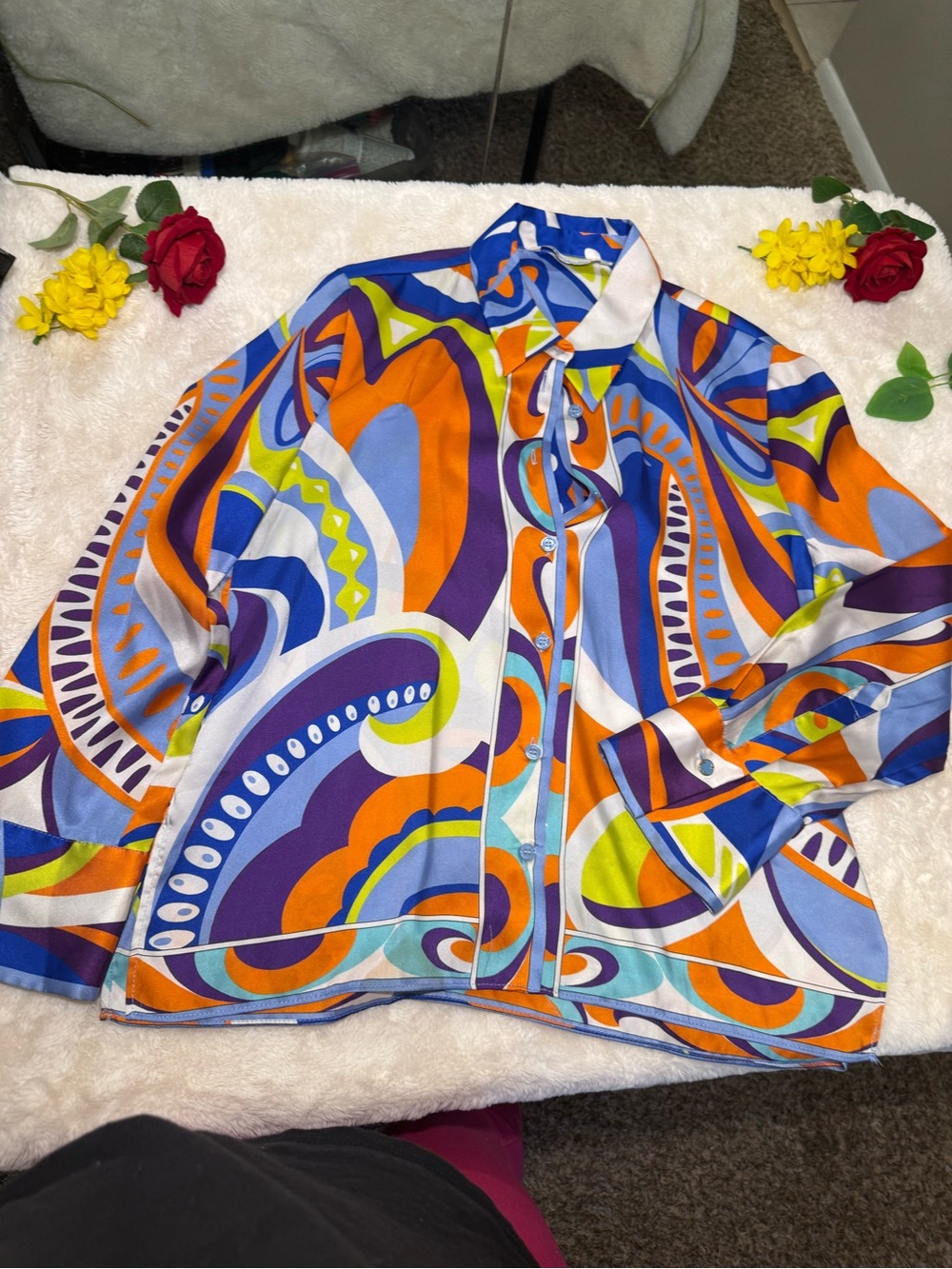 ZARA Pucci Style Abstract Satin Blouse Multicolor Size L